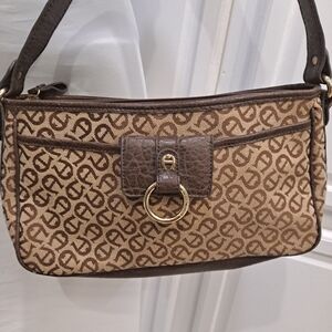 Etienne Aigner Tan and Brown Monogram Shoulder Bag
